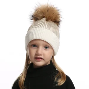 Wool Knitted Real Fur Pompom Winter Hat For Kids