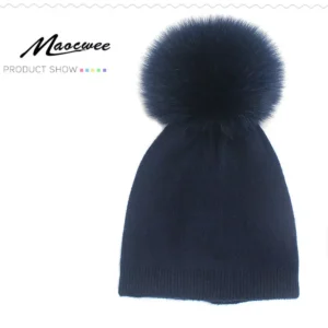 Solid Knitted Thick Winter Hat with Real Fox Pompom
