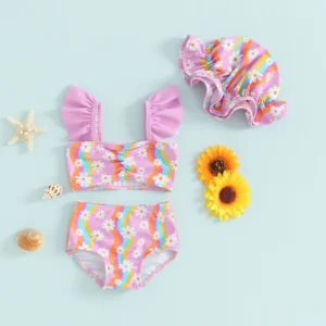 Floral Striped Bikini Set Ruffle Tankini Top Swim Shorts