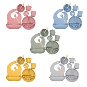 Silicone Baby Plates Spoons Forks Bib Bowls Dish Cup Non-slip Set