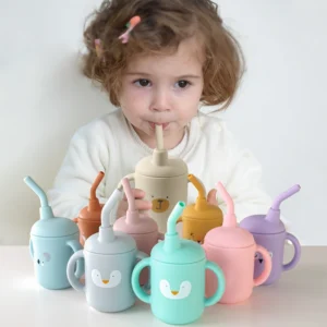 Portable Leakproof Silicone Sippy Cups for Children with Cartoon Pattern