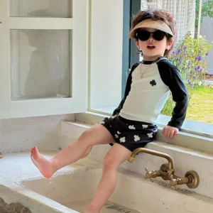 Boys Long Sleeve Quick-Dry Top and Cute Striped Swimming Trunks