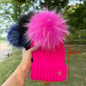 Real Raccoon Fur Pompoms Winter Hat