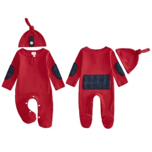 Newborn Plaid Ribbed Footies Round Neck Long Sleeve Jumpsuit with Hat