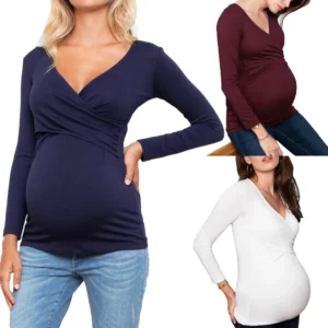 Nusring Maternity V-Neck Long Sleeve Tops Solid Ruffle Blouse
