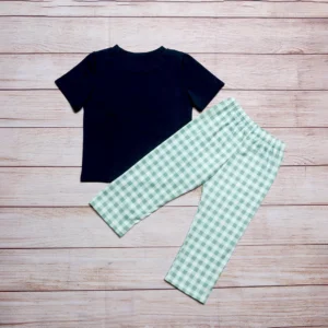 Two Piece Crops Embroidery T-Shirt Green Grid Leisure Pants